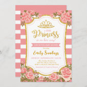 リトルプリンセス金ゴールドクラウンピンクフローラ赤ちゃんシャワー 招待状 (正面/裏面)