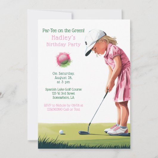 リトルプロのピンク:緑の女の子の誕生日 招待状 (正面)