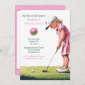 リトルプロのピンク：緑の女の子の誕生日 招待状 (正面/裏面)