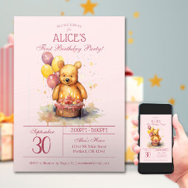 リトルベアパーティー水彩 |最初の誕生日 招待状