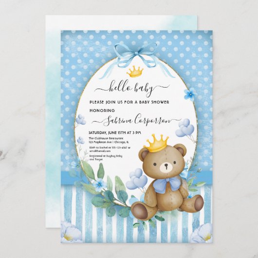 リトルベアプリンスブルー花男の赤ちゃんシャワー 招待状 (正面/裏面)