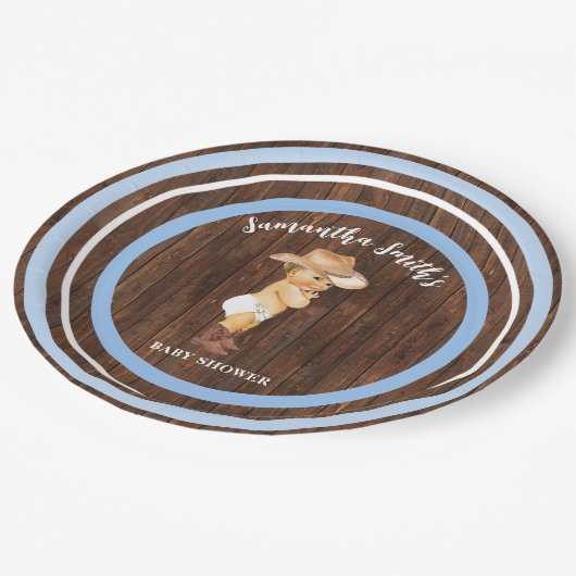 リトルベビーカウボーイウェスタンブルーベビーシャワー ペーパープレート (アングル)