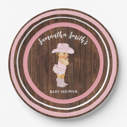リトルベビー女性のカーボーイウエスタンピンクベビーシャワー ペーパープレート (正面)