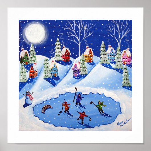 リトルホッケープレイヤーズアイススケートウィンターフォークアート ポスター (正面)