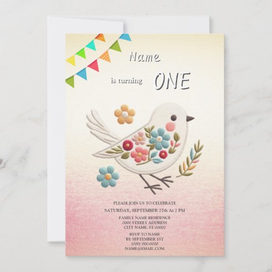 リトルホワイトバードフローラ誕生日パーティーへの招待 招待状 (正面)