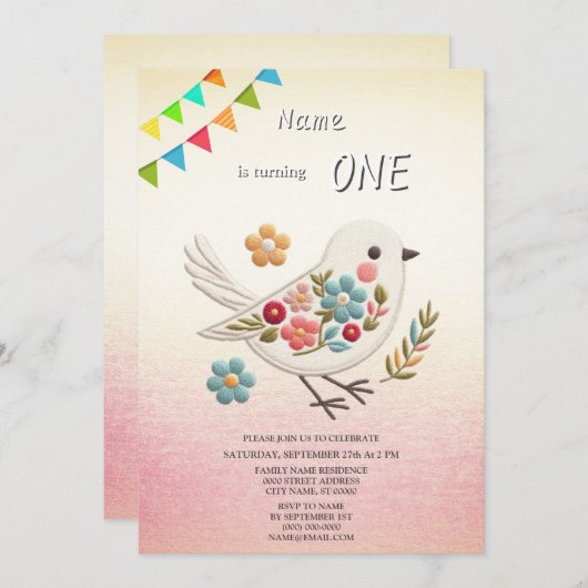 リトルホワイトバードフローラ誕生日パーティーへの招待 招待状 (正面/裏面)