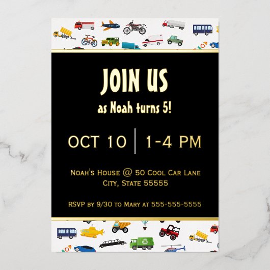 リトルボーイカービークル子供の誕生日パーティー金ゴールド 箔招待状 (正面)