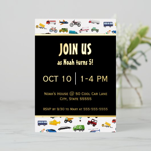 リトルボーイカービークル子供の誕生日パーティー金ゴールド 箔招待状 (立ち正面)