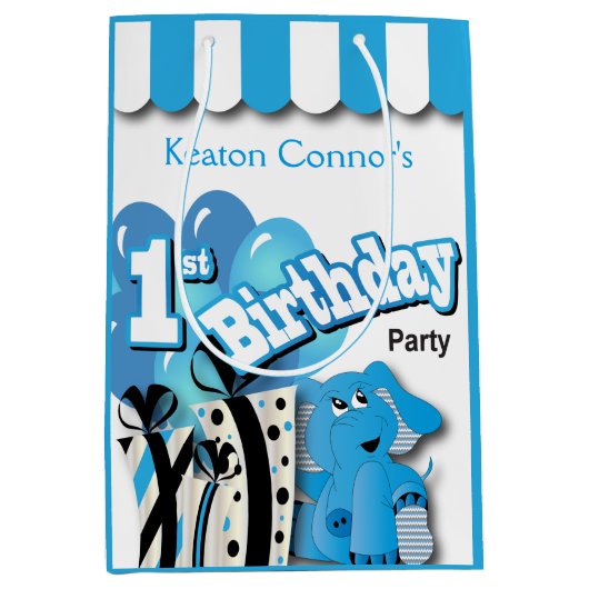 リトルボーイズファーストブルーエレファント誕生日 ミディアムペーパーバッグ (正面)