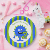 リトルボーイモンスターセカンドバースデーブルーグリーンストライプズ ペーパープレート (パーティー)