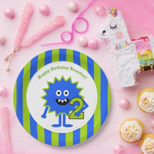 リトルボーイモンスターセカンドバースデーブルーグリーンストライプズ ペーパープレート (パーティー)