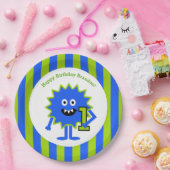 リトルボーイモンスターファースト誕生日ブルーグリーンストライプズ ペーパープレート (パーティー)