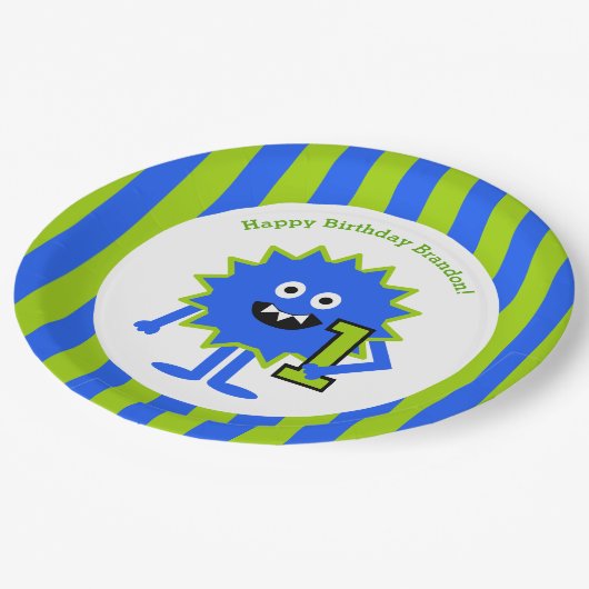 リトルボーイモンスターファースト誕生日ブルーグリーンストライプズ ペーパープレート (アングル)