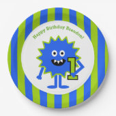 リトルボーイモンスターファースト誕生日ブルーグリーンストライプズ ペーパープレート (正面)