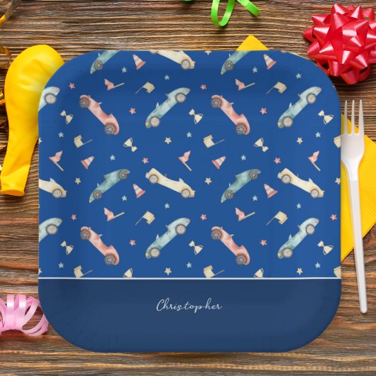 リトルボーイレーシングカーの水色パターン青 ペーパープレート