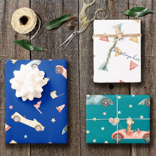 リトルボーイレーシングカー水の色パターン誕生日 ラッピングペーパーシート