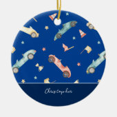 リトルボーイレーシングカー水色ブルークリスマス セラミックオーナメント (正面)