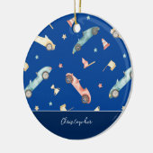 リトルボーイレーシングカー水色ブルークリスマス セラミックオーナメント (左)