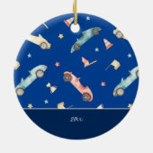 リトルボーイレーシングカー水色ブルークリスマス セラミックオーナメント (裏面)