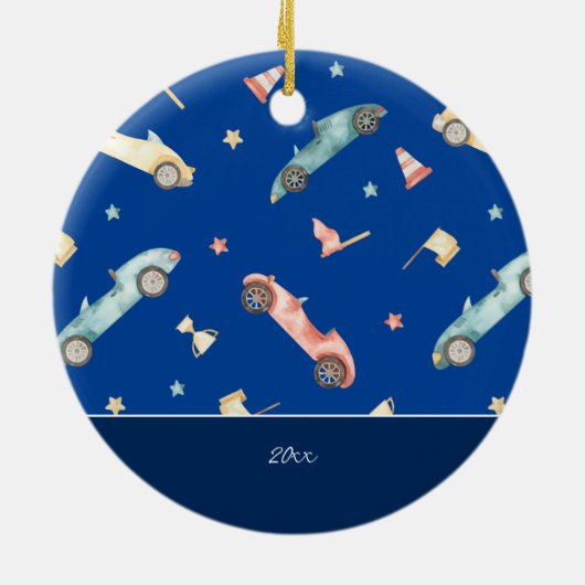 リトルボーイレーシングカー水色ブルークリスマス セラミックオーナメント (裏面)