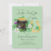 リトルポットの金ゴールドアイリッシュシャムロック誕生日パーティー 招待状 (正面)