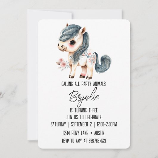 リトルポニー誕生日かわいいホワイトホースピンク 招待状 (正面)