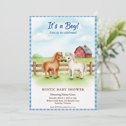 リトルポニー ベビーボーイ シャワー ギンガム インビテーション (スタンド正面)