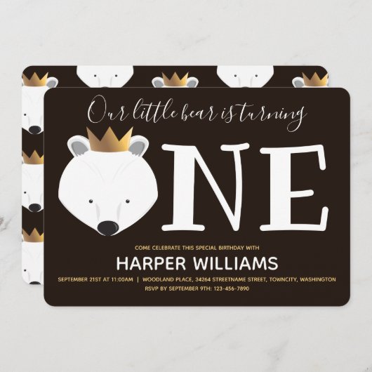 リトルポーラークラウンワンアニマルファースト誕生日 招待状 (正面/裏面)