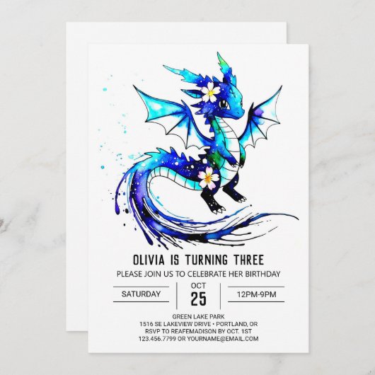 リトルマジカルドラゴンデジタルガール誕生日 招待状 (正面/裏面)