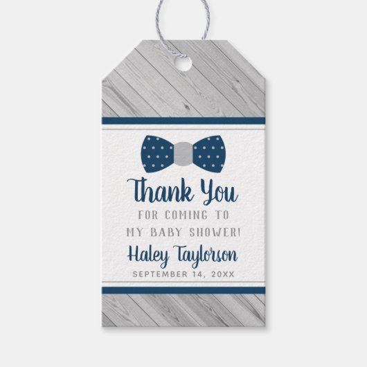 リトルマンサンキューラベル、ブルー、グレー、ボウタイ ギフトタグ (正面)