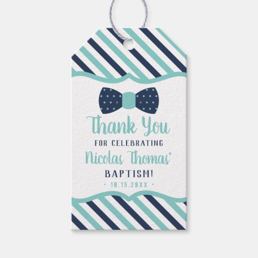 リトルマンサンキューラベル、海軍、ターコイズ、バプテスマ ギフトタグ (正面)