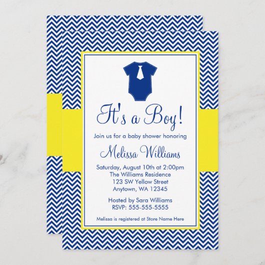 リトルマンシェブロンネービーブルーイエローベビーシャワー 招待状 (正面/裏面)