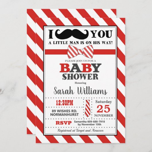 リトルマンヒュースティッシュベビーシャワー男の赤ちゃん 招待状 (正面/裏面)