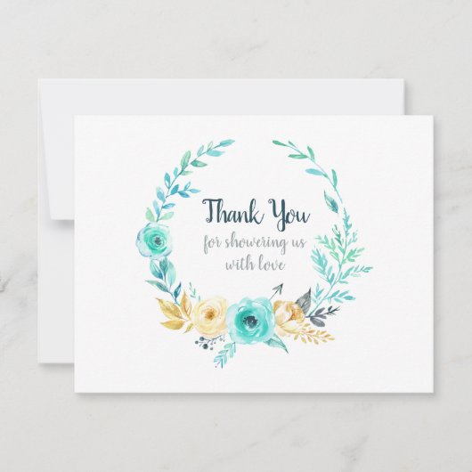 リトルマンベビーシャワーティール(緑がかった色)ブルーサンキューサンキュー サンキューカード (正面)