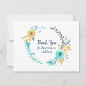 リトルマンベビーシャワーリースティール(緑がかった色)ブルーサンキューサンキュー サンキューカード (正面)