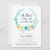 リトルマンベビーシャワー招待状ティール（緑がかった色）グレーカード 招待状 (正面)