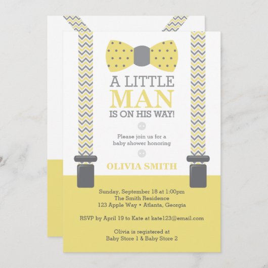 リトルマンベビーシャワー招待状、イエロー、グレー 招待状 (正面/裏面)