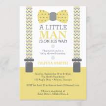 リトルマンベビーシャワー招待状、イエロー、グレー