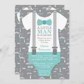 リトルマンベビーシャワー招待状、ティール(緑がかった色)、グレー 招待状 (正面/裏面)