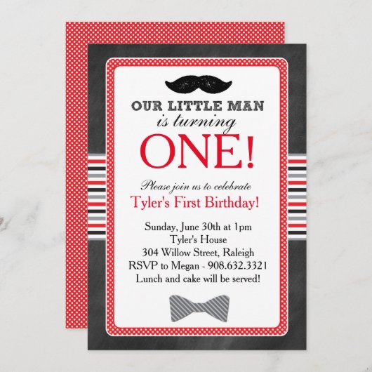 リトルマンボウタイと口ひげ誕生日(赤) 招待状 (正面/裏面)