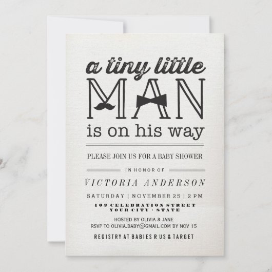 リトルマンムスタッシュボウタイボーイベビーシャワー招待状 招待状 (正面)