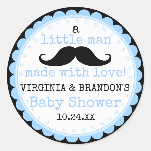 リトルマンムスタヒブルーベビーシャワーゲストのお願い ラウンドシール (正面)