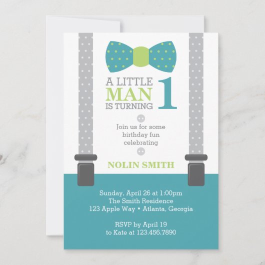 リトルマン誕生日パーティー，ティール（緑がかった色），グレー，緑 招待状 (正面)