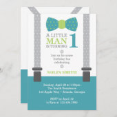 リトルマン誕生日パーティー，ティール（緑がかった色），グレー，緑 招待状 (正面/裏面)