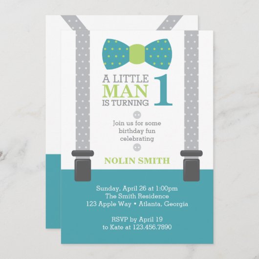 リトルマン誕生日パーティー,ティール(緑がかった色),グレー,緑 招待状 (正面/裏面)