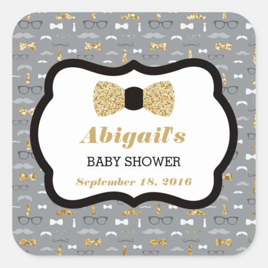 リトルマン ベイビーシャワーステッカー ゴールド グレー ブラック スクエアシール (正面)