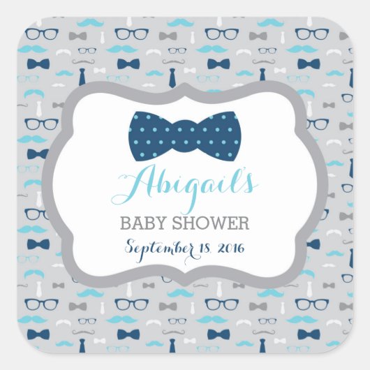 リトルマン ベビーシャワーステッカー、ベビーブルー、ネイビー スクエアシール (正面)