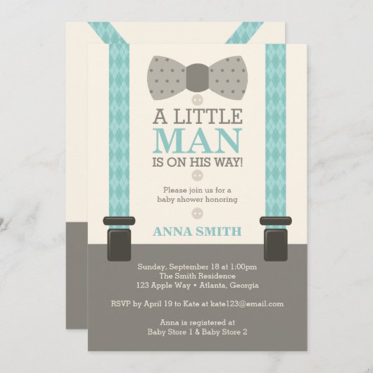 リトルマン ベビーシャワー 招待状, ターコイズ 招待状 (正面/裏面)