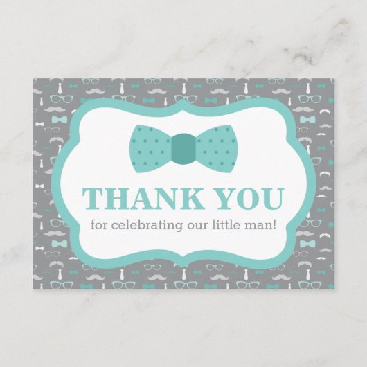 リトルマン 感謝カード、ネクタイ、ターコイズ、グレー サンキューカード (正面)