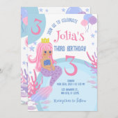 リトルマーメイドのピンクの髪の3歳の誕生日招待状 招待状 (正面/裏面)